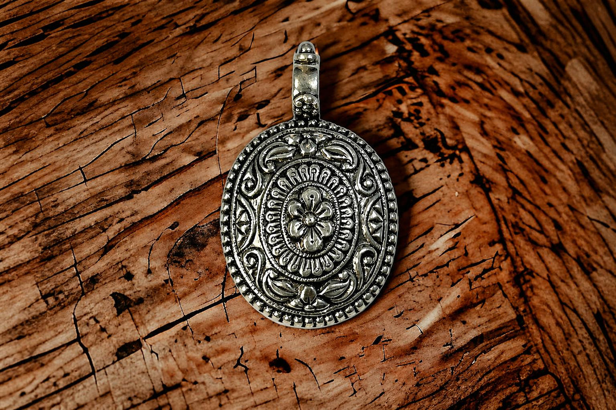 925 Sterling Silver Ornate Oval Pendant  Oxidized Vintage Handcrafted  Tribal Ethnic Statement Pendant  Boho Jewelry  Anniversary Gift