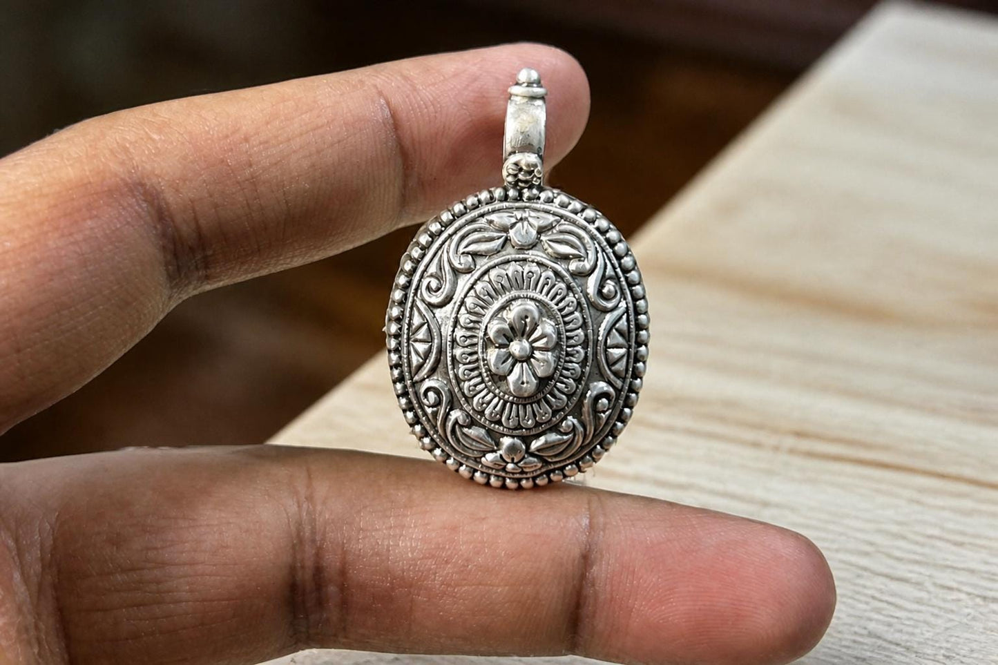 925 Sterling Silver Ornate Oval Pendant  Oxidized Vintage Handcrafted  Tribal Ethnic Statement Pendant  Boho Jewelry  Anniversary Gift