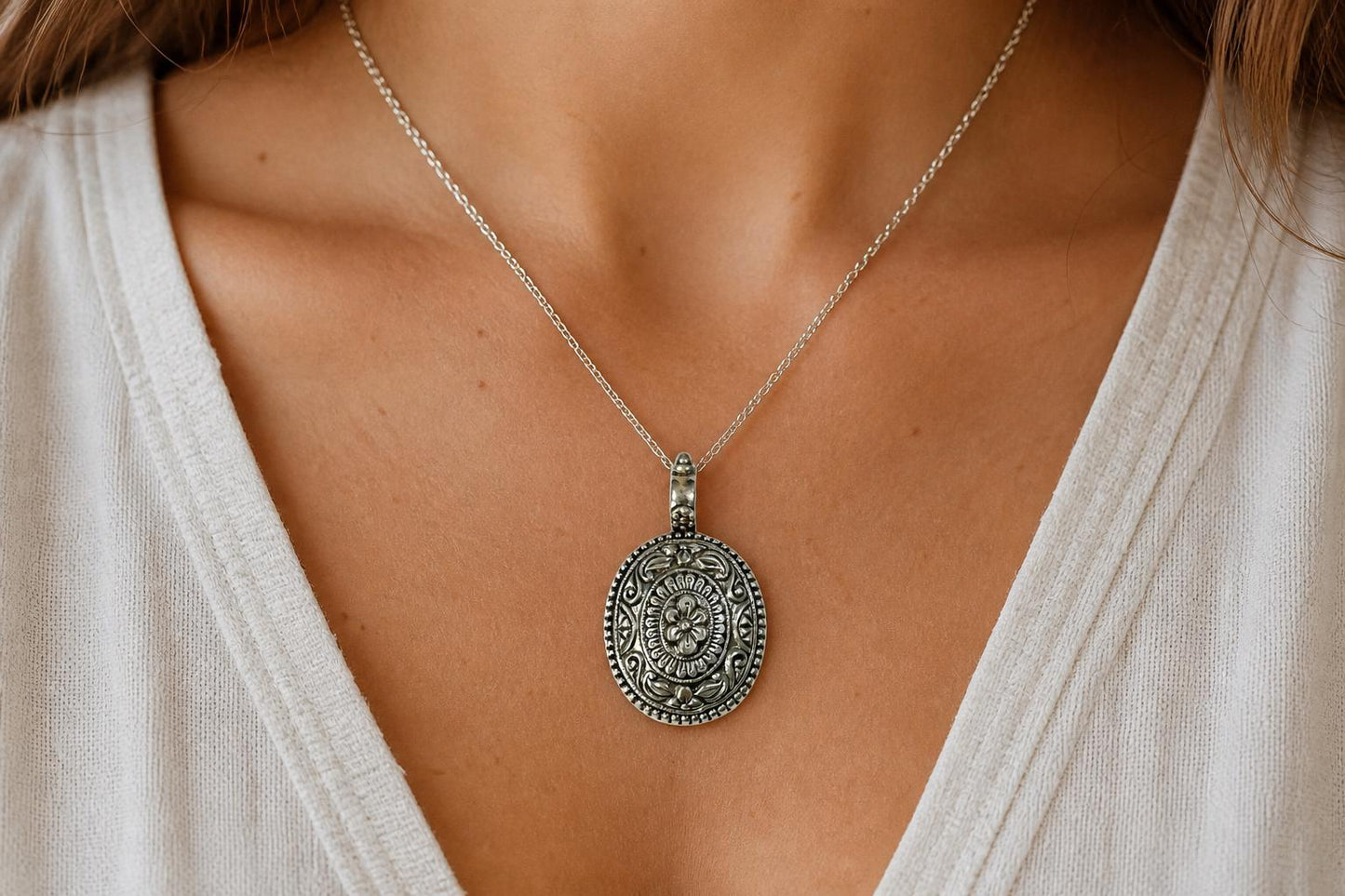 925 Sterling Silver Ornate Oval Pendant  Oxidized Vintage Handcrafted  Tribal Ethnic Statement Pendant  Boho Jewelry  Anniversary Gift