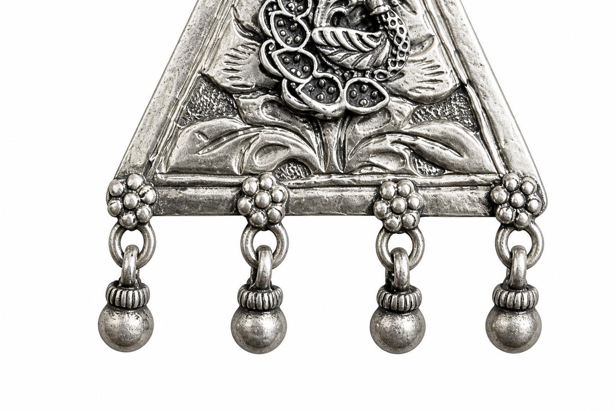 925 Sterling Silver Peacock Pendant  Oxidized Turtle Triangle  Tribal Ethnic Ghungroo Bells Pendant  Boho Jewelry  Gift for Her  SR34