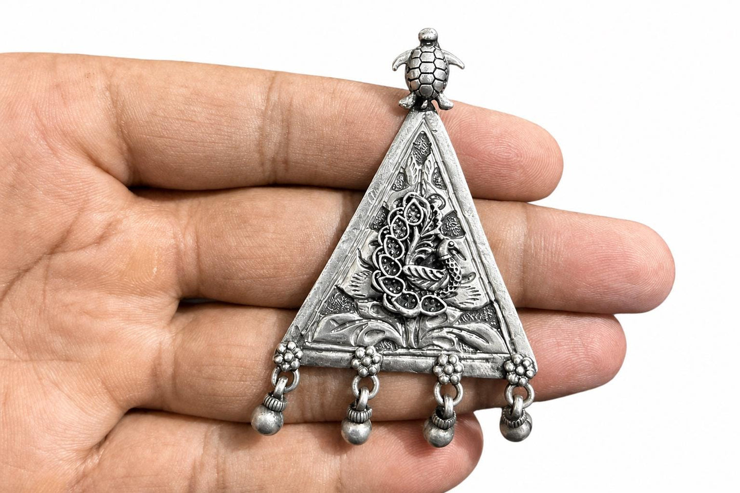 925 Sterling Silver Peacock Pendant  Oxidized Turtle Triangle  Tribal Ethnic Ghungroo Bells Pendant  Boho Jewelry  Gift for Her  SR34