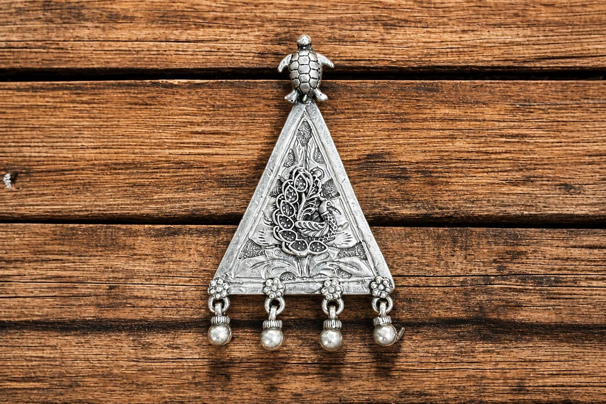 925 Sterling Silver Peacock Pendant  Oxidized Turtle Triangle  Tribal Ethnic Ghungroo Bells Pendant  Boho Jewelry  Gift for Her  SR34