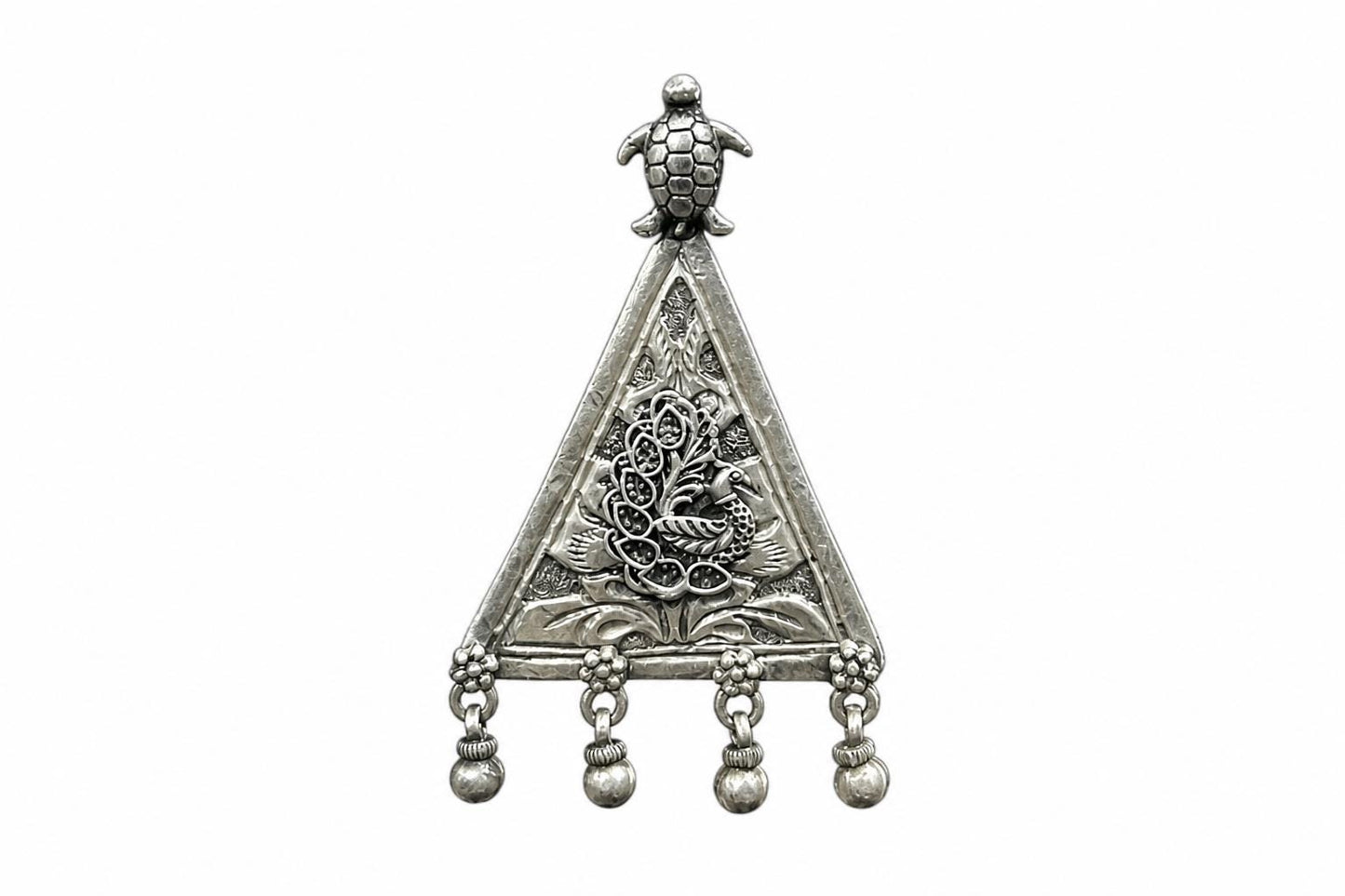 925 Sterling Silver Peacock Pendant  Oxidized Turtle Triangle  Tribal Ethnic Ghungroo Bells Pendant  Boho Jewelry  Gift for Her  SR34