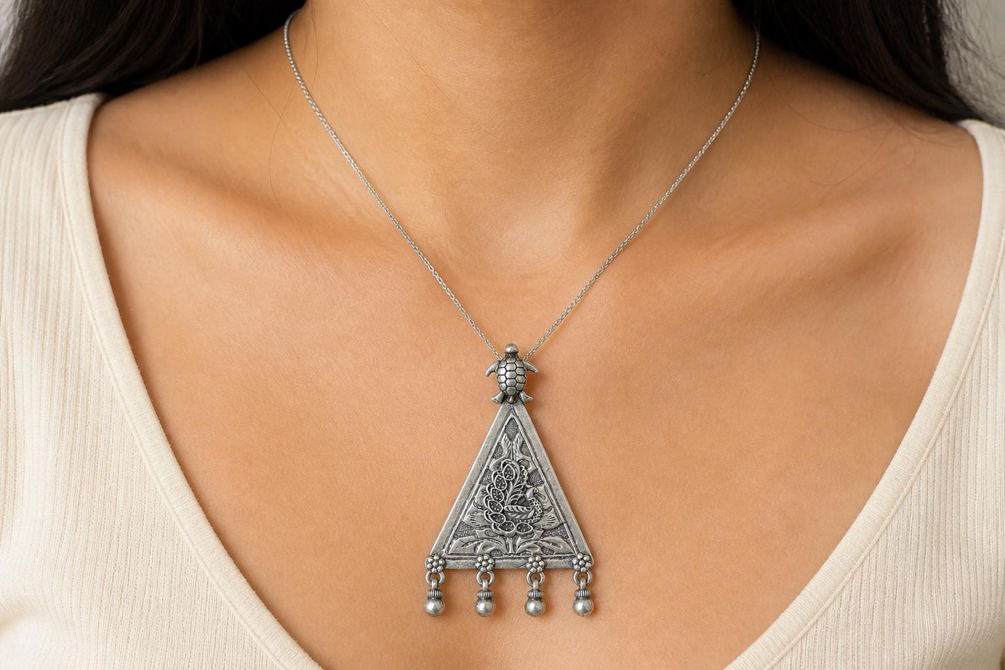 925 Sterling Silver Peacock Pendant  Oxidized Turtle Triangle  Tribal Ethnic Ghungroo Bells Pendant  Boho Jewelry  Gift for Her  SR34