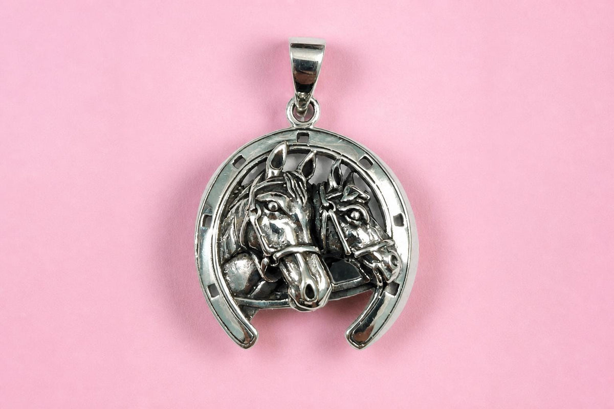 925 Sterling Silver Horseshoe Pendant  Oxidized Double Horse Head Charm  Equestrian Western Jewelry  Lucky Horseshoe  Gift for Her
