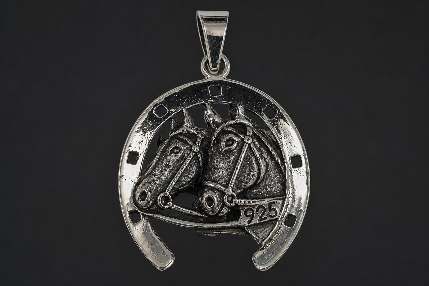 925 Sterling Silver Horseshoe Pendant  Oxidized Double Horse Head Charm  Equestrian Western Jewelry  Lucky Horseshoe  Gift for Her
