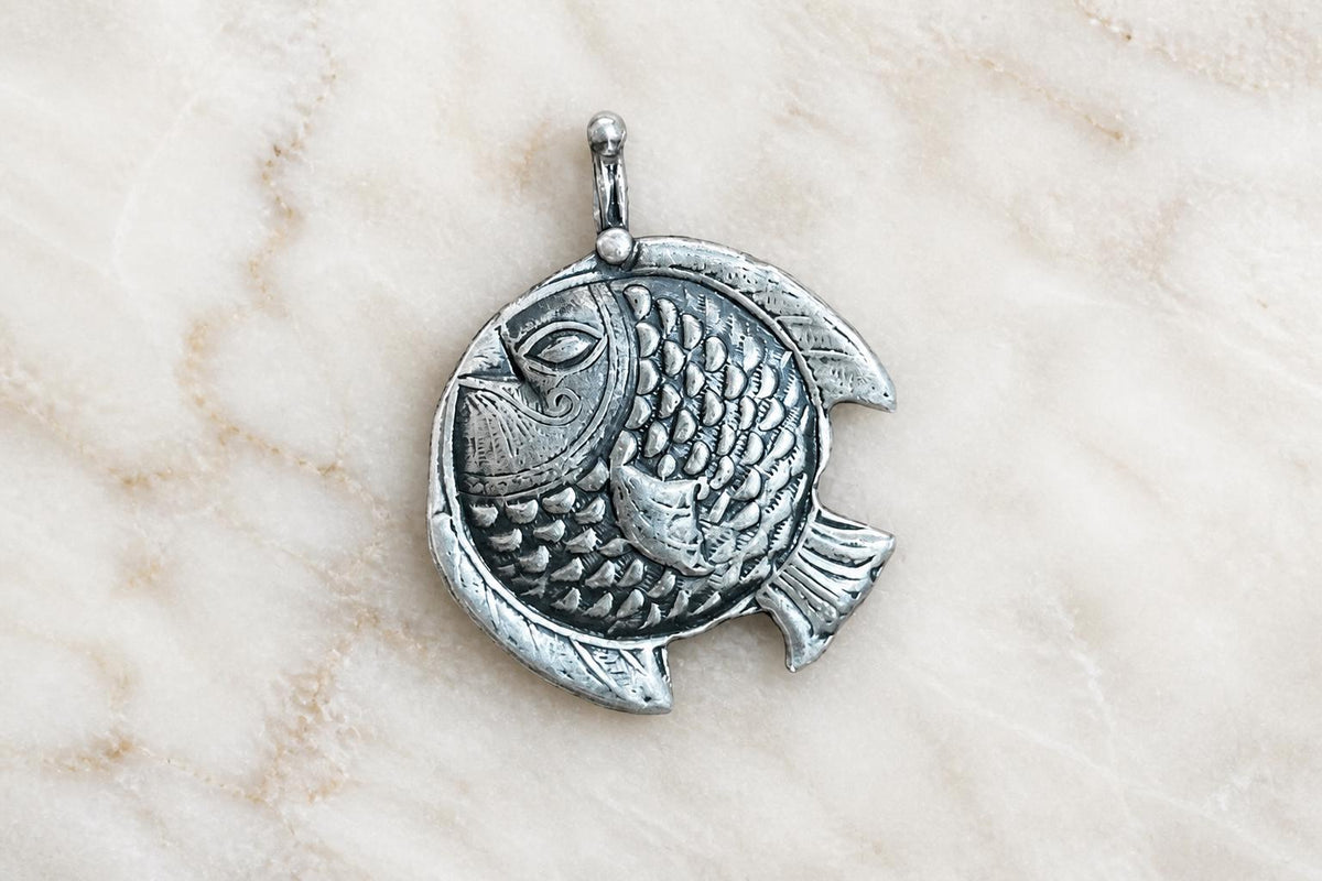 925 Sterling Silver Fish Pendant  Oxidized Vintage Tribal Fish Charm  Ethnic Boho Statement Pendant  Handcrafted Silver  Gift for Her