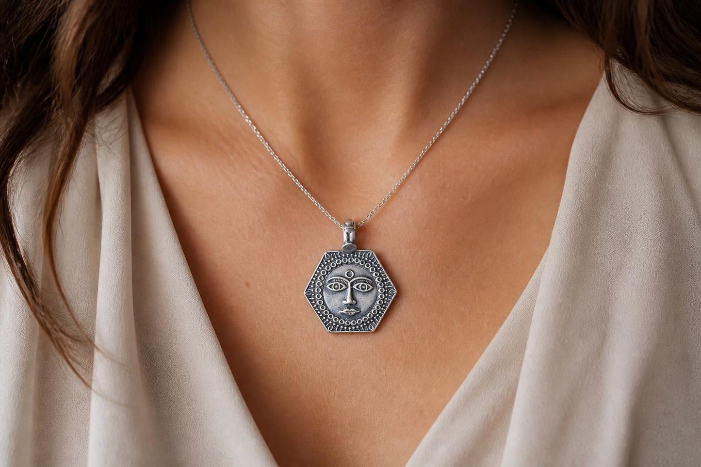 925 Sterling Silver Sun Pendant  Oxidized Tribal Sun Face Charm  Celestial Statement Pendant  Hexagon Sun Amulet  Gift for Her (SR14)