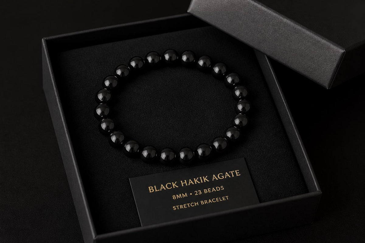Black Hakik Bracelet, Natural Black Agate Gemstone Bead Bracelet, 8mm Stretch Bead Bracelet, Meditation Spiritual Gift Men Women
