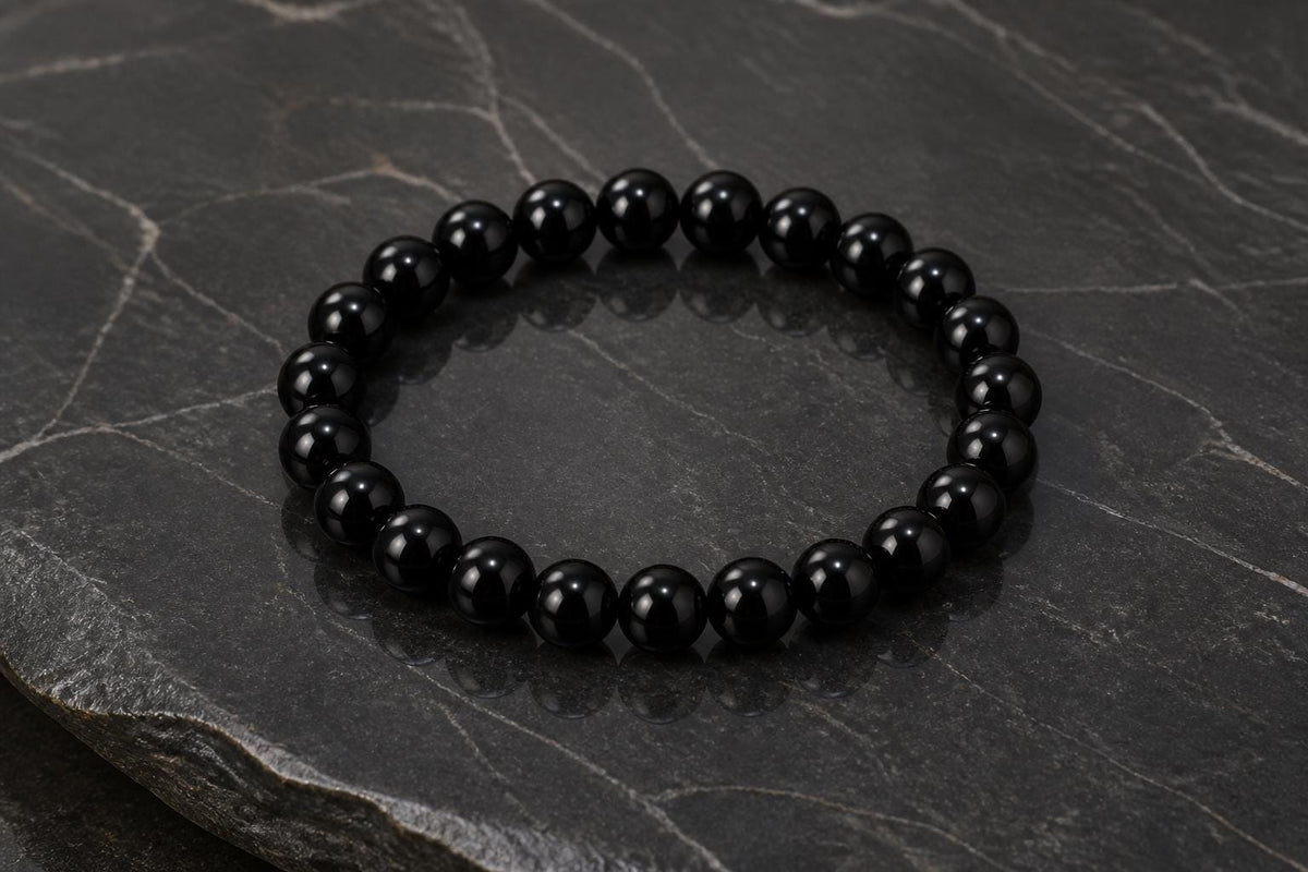 Black Hakik Bracelet, Natural Black Agate Gemstone Bead Bracelet, 8mm Stretch Bead Bracelet, Meditation Spiritual Gift Men Women