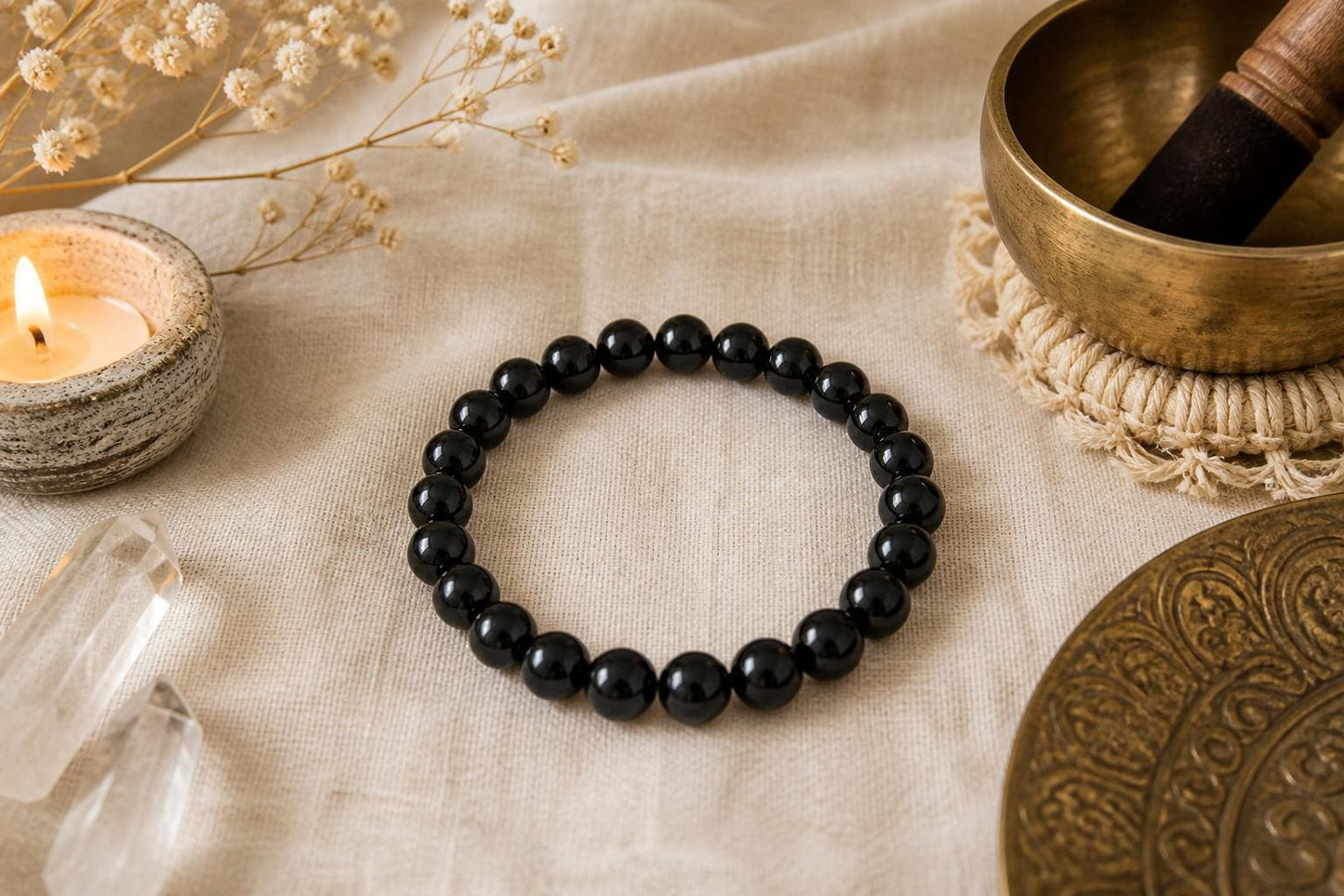 Black Hakik Bracelet, Natural Black Agate Gemstone Bead Bracelet, 8mm Stretch Bead Bracelet, Meditation Spiritual Gift Men Women